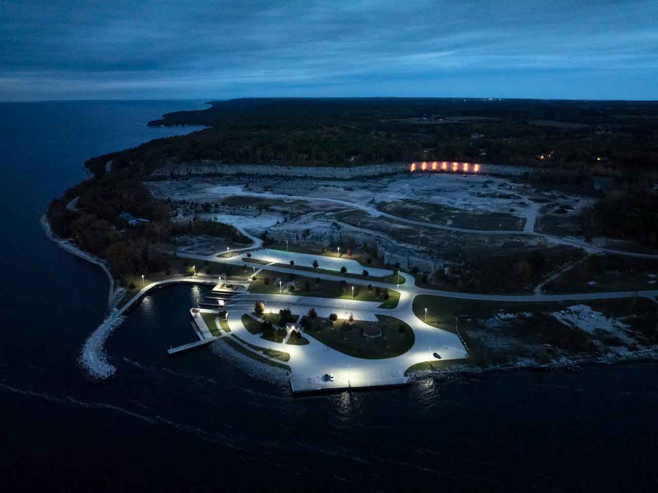An arial photo of Quarry Bluff Estates at night