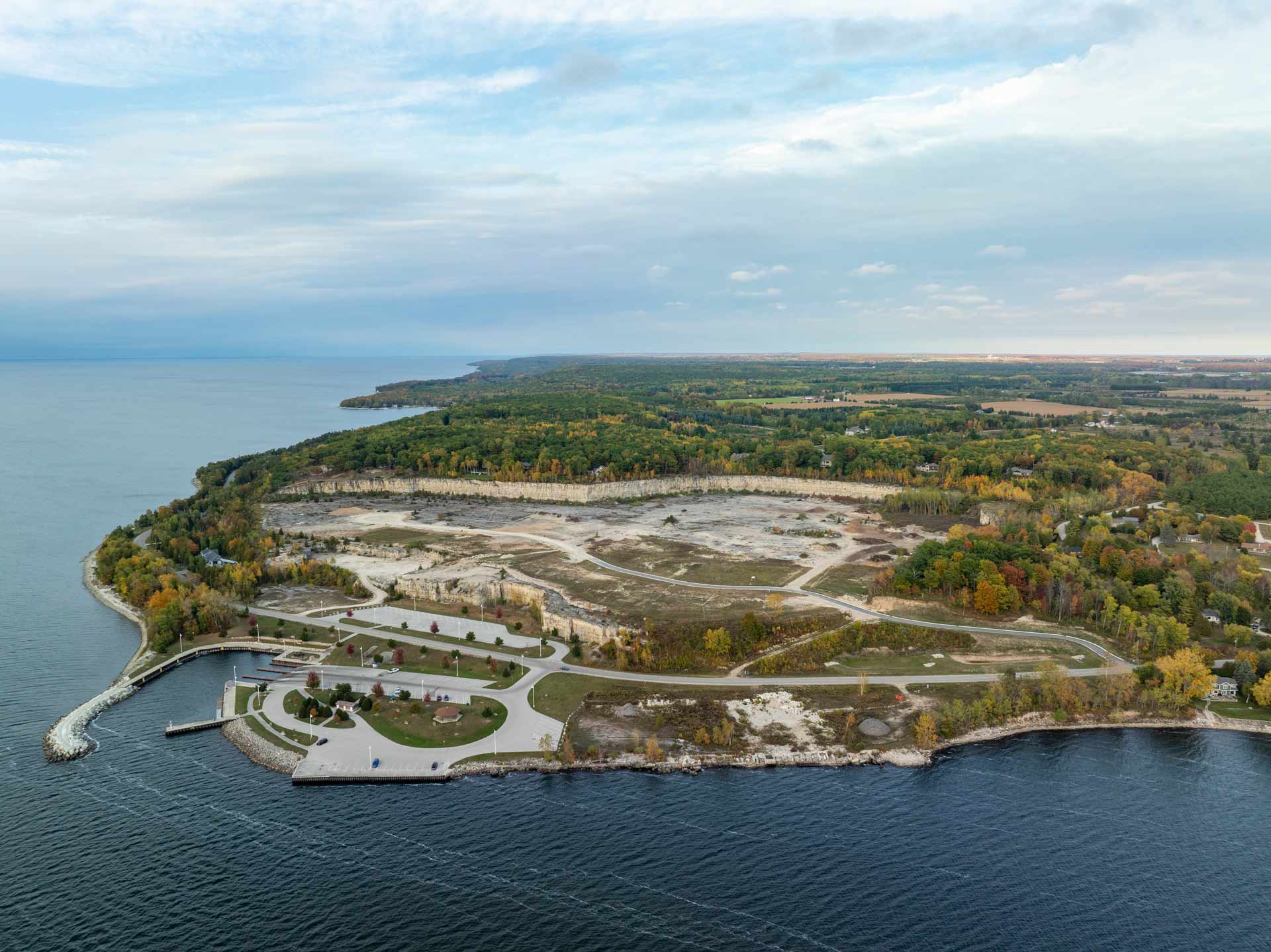 Quarry--DJI_0769 An aerial view of the Old Stone Quarry, looking north with the Door County peninsula receding in the distance.